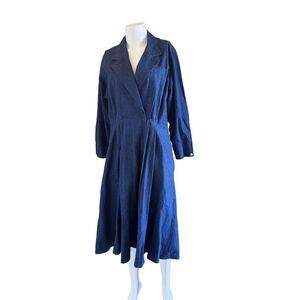 women’s 90s vintage long sleeve denim blue jean collared dress midi medium adjus